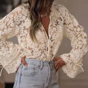 Elegant Cream embroidered Lace sheer Blouse